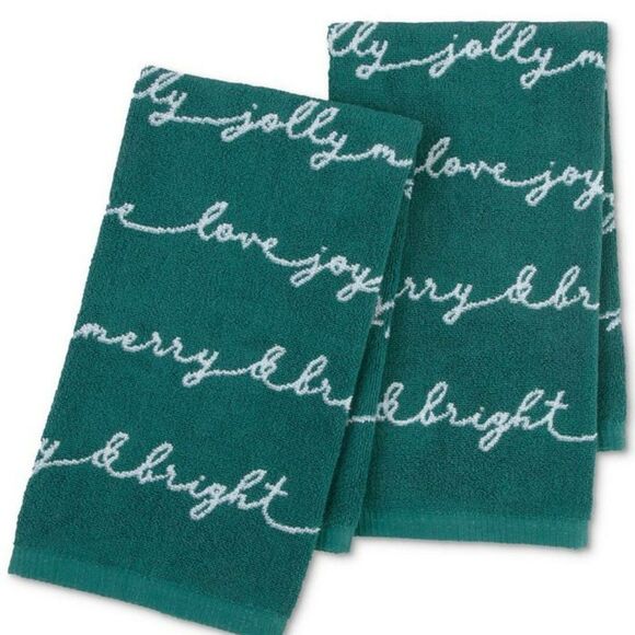 Martex 2-Pack Holiday Script Green Hand Towels - Picture 1 of 3